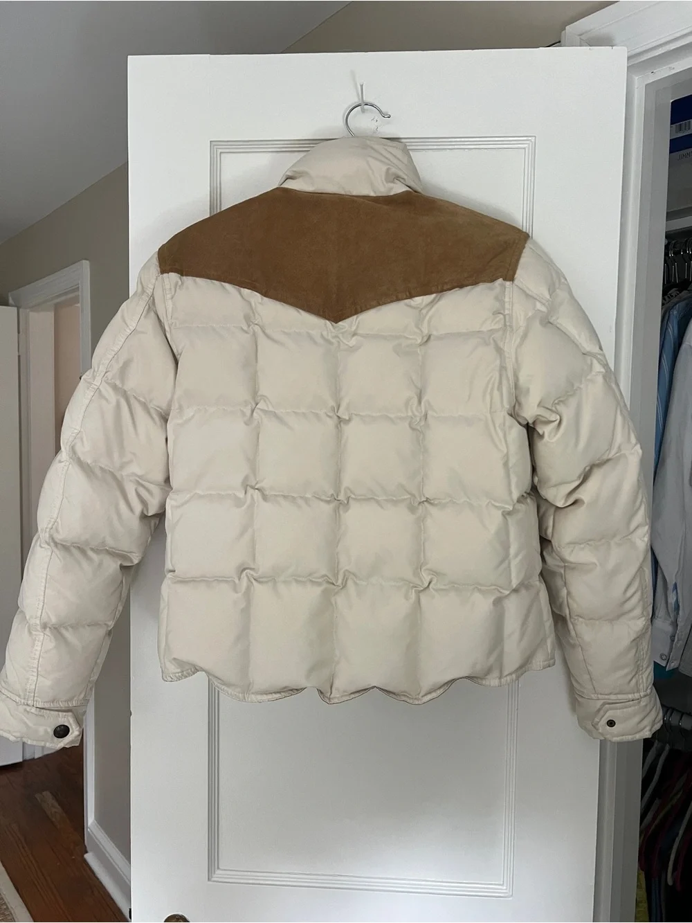 Ralph Lauren Cream Puffer Jacket with Brown Suede Yoke